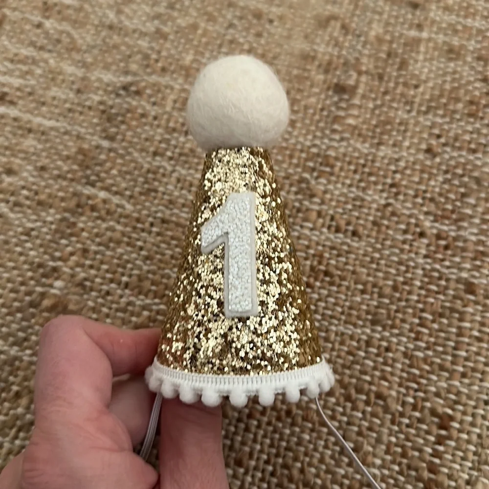 First Birthday Party Bundle Gold Sparkle Hat and Cake Topper